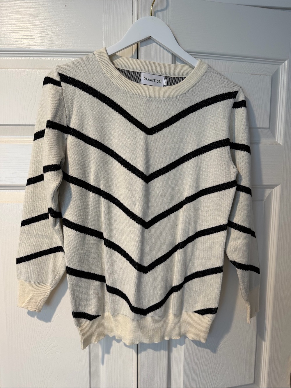 Oxknitstore Cream Crewneck Sweater with Black Chevron Stripes